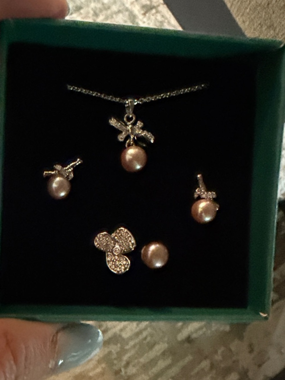 Champagne Purple Freshwater Pearl 18k Gold over 925 Sterling Silver Bow Set
